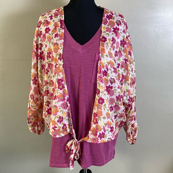 Lauren Conrad Floral Topper Cardigan & Sonoma V-Neck Raspberry Tee Sz L NWOT - Picture 1 of 11